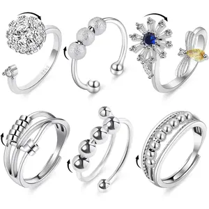 6PCS Anti Anxiety Fidget Ring for Women, Open Adjustable Ring, CZ Cubic Zirconia Diamond Rings, Rotatable Bead Rings, Bee Daisy Rings Set for Women Stress Relieffidget toys