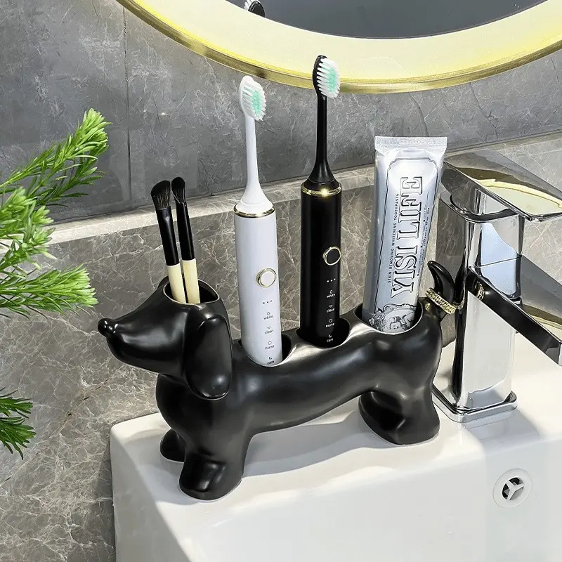 [Dachshund Bath Storage] 1pc Adorable Dachshund-Shaped Bathroom Storage Box & Toothbrush Holder - Freestanding Plastic Suitable for Electric Toothbrushes, Dachshund-Themed Decor for Sink, Bathtub, Shower, and Bath