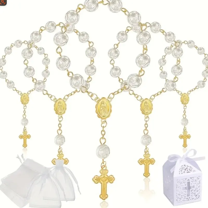 90 Pieces Baptism Cross Rosary Bracelets, 30 Sets with Velvet Pouches and Gift Boxes, Ideal for Baptism, Weddings, Anniversaries, Souvenir