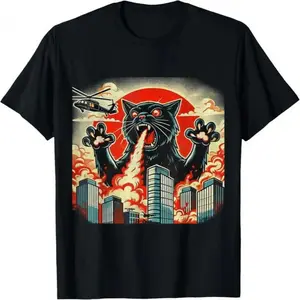 Vintage Kaiju Fire Breath Black Cat City Helicopter Graphic Tee| 4th Of July Independence Day USA 250th Anniversary Funny Unisex Retro Monster Streetwear Top