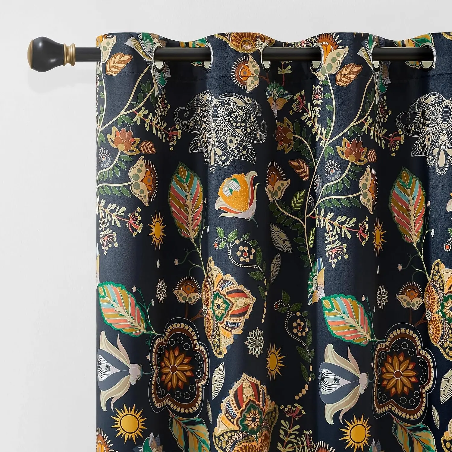 Navy Blue Vintage Floral Patterned Boho Blackout Curtains 84 Inches