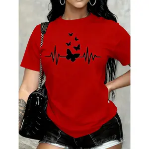 100% Cotton Women's Casual Versatile T-Shirt, Multiple Colors Available, Fashionable Outfit, Heart Spring Summer Print Women's Casual Round Neck Short Sleeve T-Shirt
