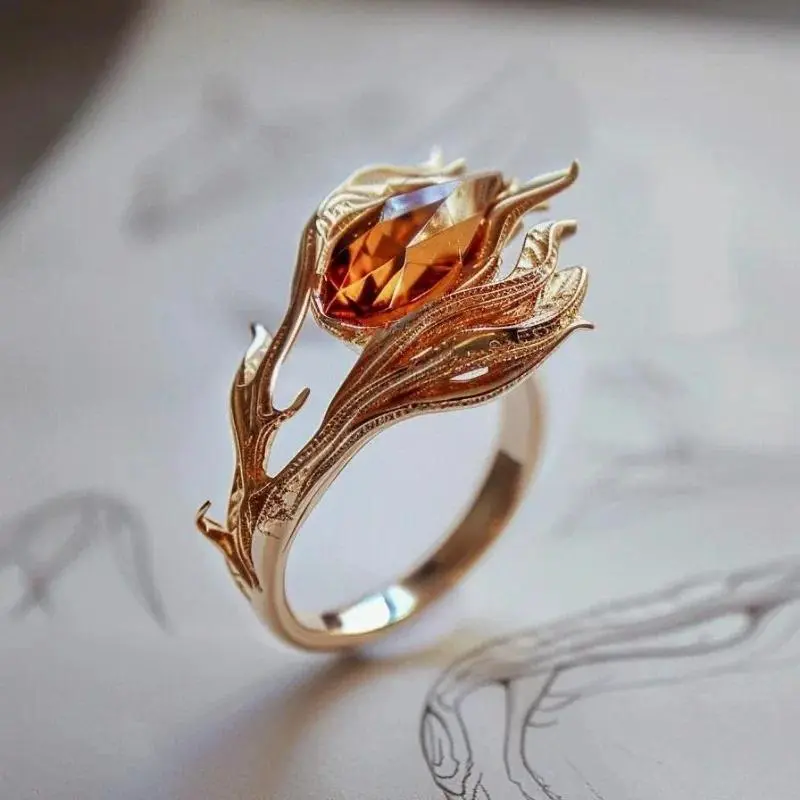 Unique Charm Gloss Phoenix’s Orange Crystal rings for women Exquisite Showy Antique Gold Craftsm Couple's Ring Banquet Jewelry