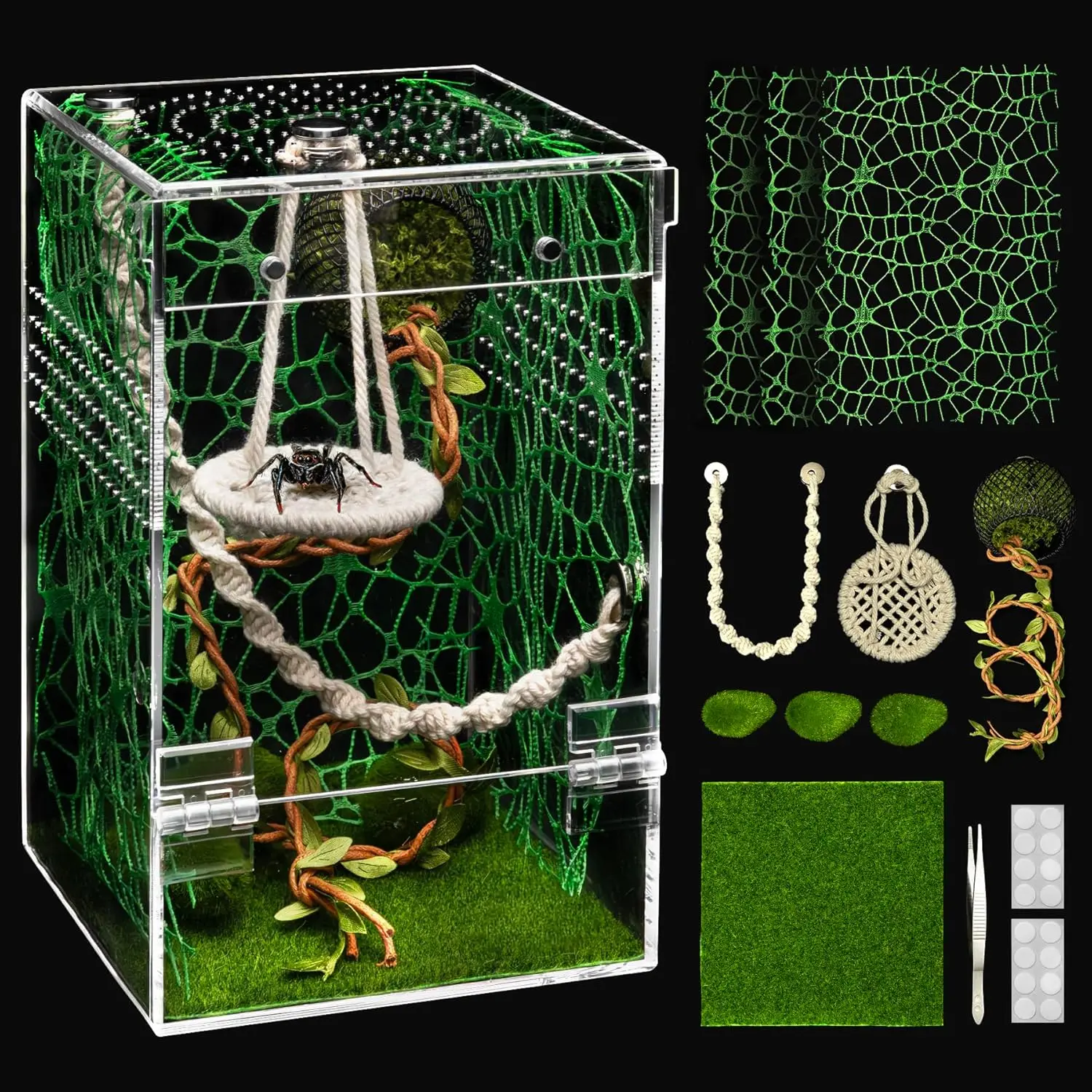 Jumping Spider Enclosure Hammock Kit,Ventilation Praying Mantis Habitat | Escape Proof Magnetic Door Arboreal Tarantula Spider,Complete Transparent Acrylic Starter Beetle Terrarium,Insect Bug Cage