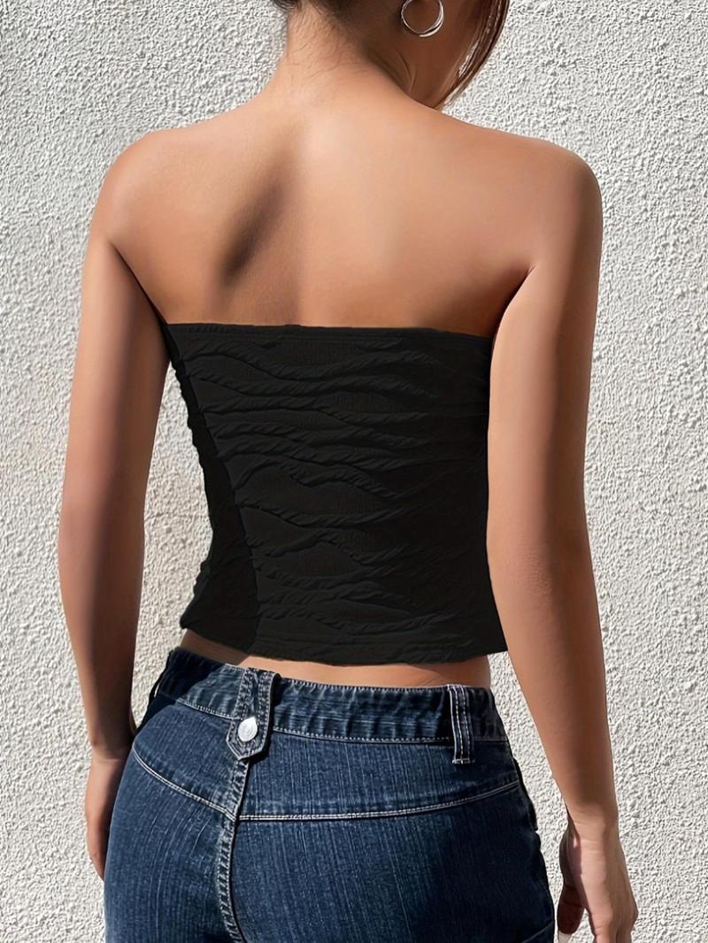 Women's Plain Textured Crop Tube Top, Casual Sleeveless Strapless Top for Summer, Ladies Clothes for Daily Wear