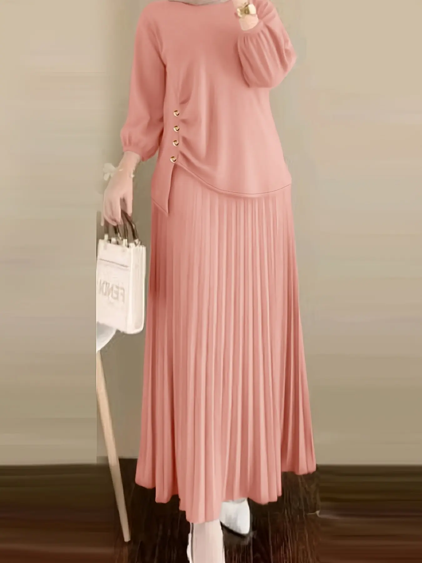 Women's Fashion Set, Matching Set, Decorative Button, Pleated Top, Round Neck Mushroom Button, Long Sleeve, Elastic Waist, Comfortable Fabric, Outdoor, Date, Streetwear, Outfits, Outfit Sets Women, Clothing, Clothes