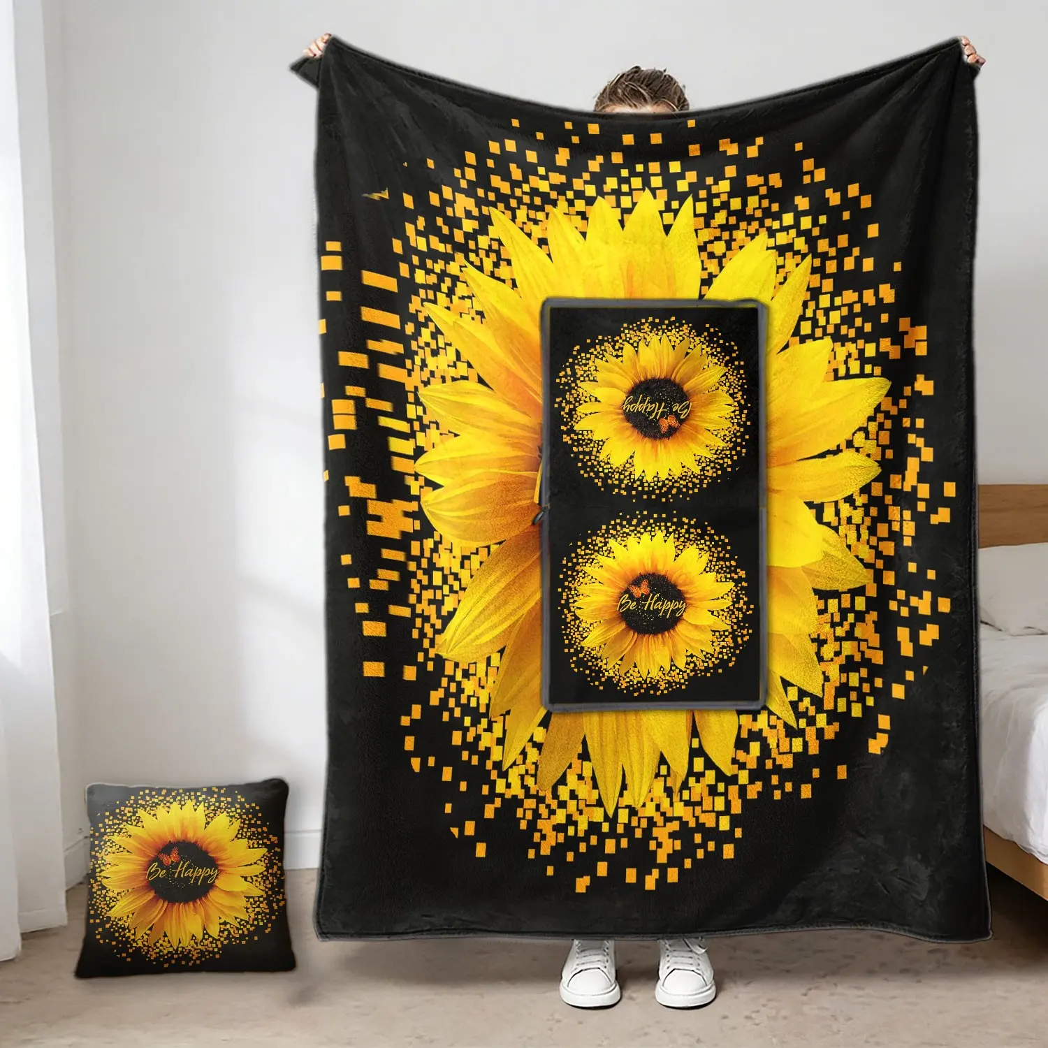 Two-In-One Pillow + Flannel Blanket Set, Gold Sunflower Be Happy Pattern, Thick Car Plush Nap Blanket, Office/school Napping Cushion