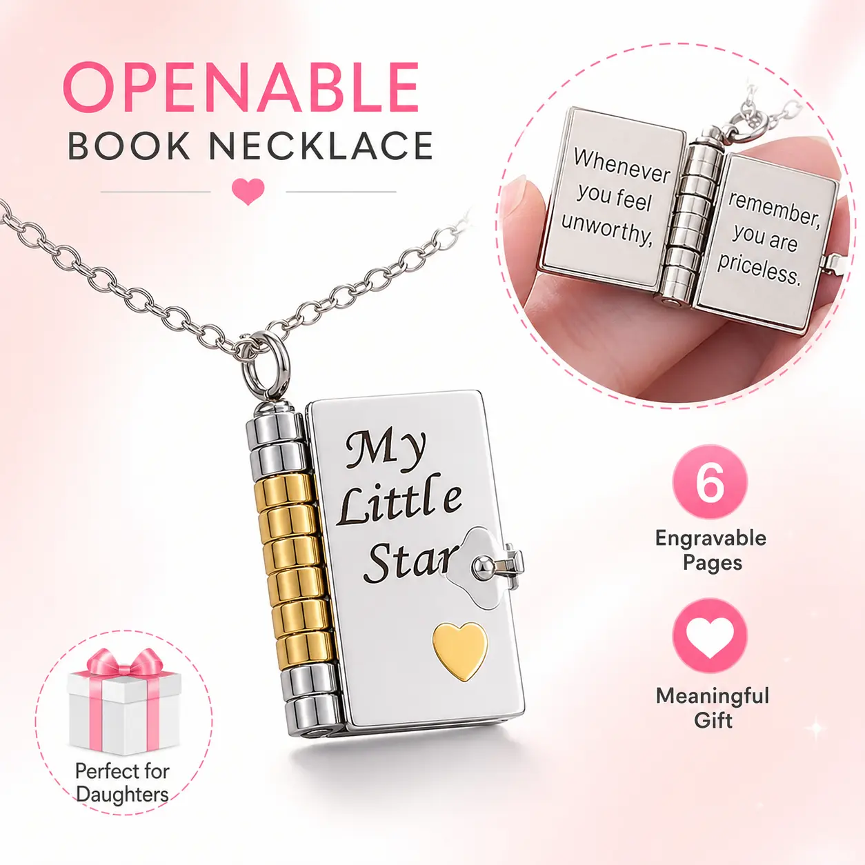 Openable Book Necklace, Personalized Star Locket Costume Jewelry with 6 Engravable Pages for Daughters, Sentimental Daughter Gifts, Engraved Pages, 6 Pages