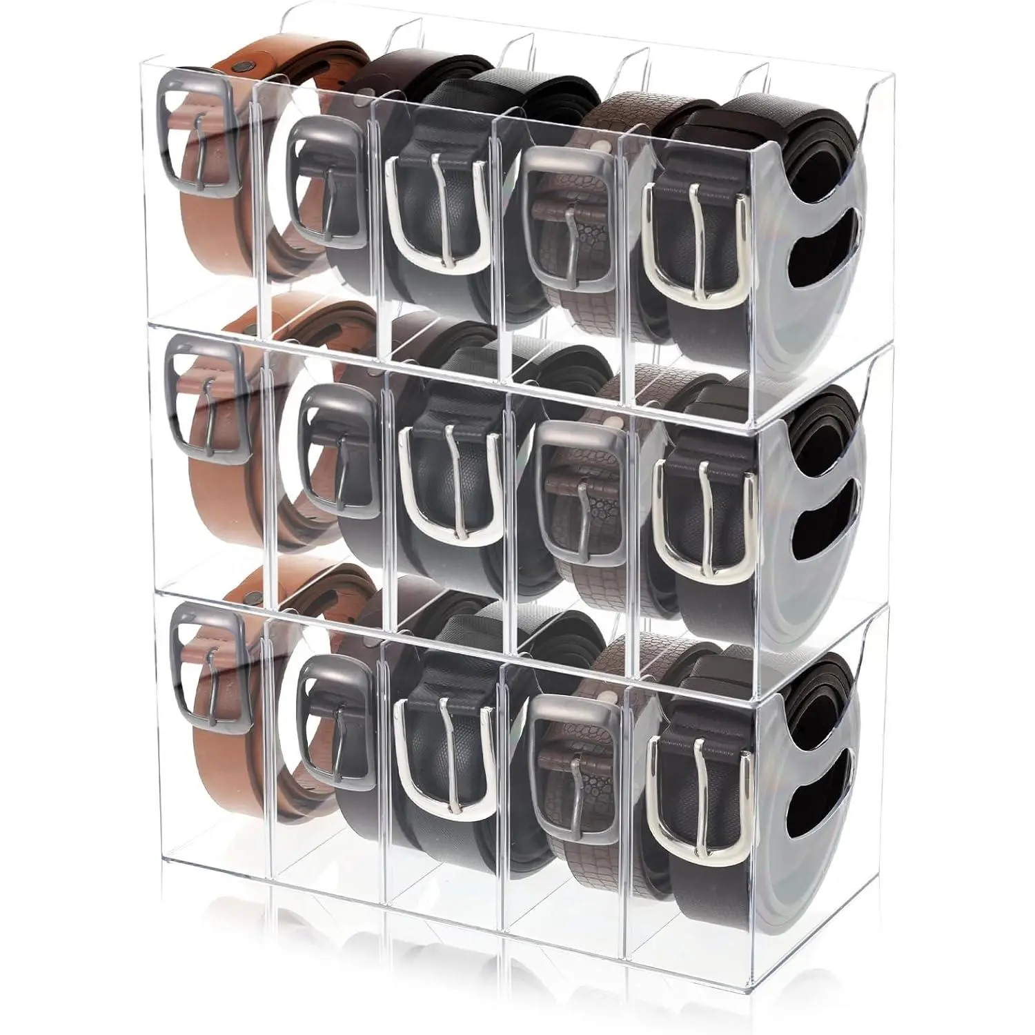 3 Pack  Belt Organizer Clear Stackable Belt Storage Holder Purse Organizer for Closet - 5 Compartments with Removable Dividers,Display Case Pantry Cabinet Organizers for Ties,Socks,Underwear