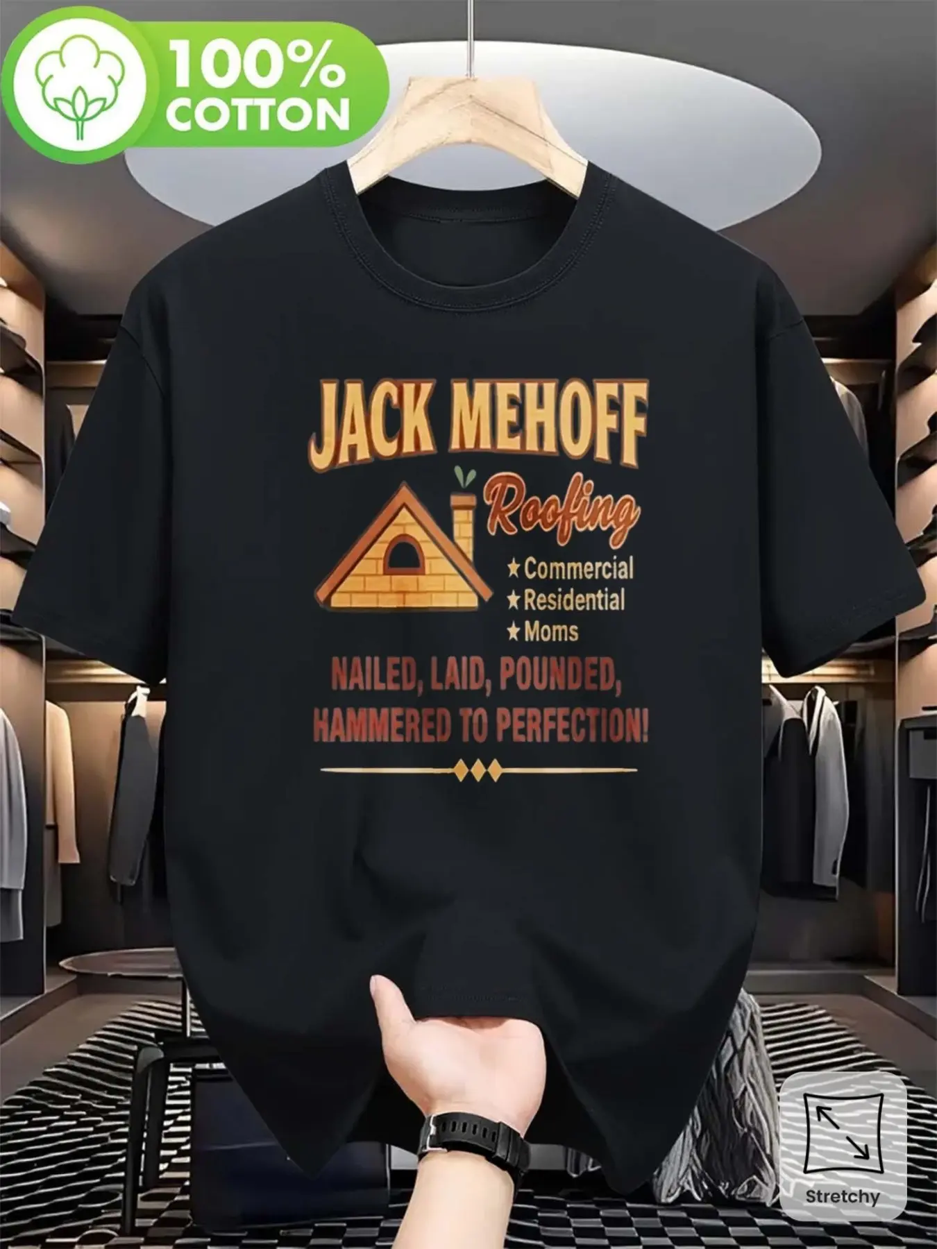 7.5oz Funny Roofer Tee, Humorous Gift for Roofers and Contractors, High Stretch Round Neck Short Sleeve Casual Shirt, Optional Add-Ons