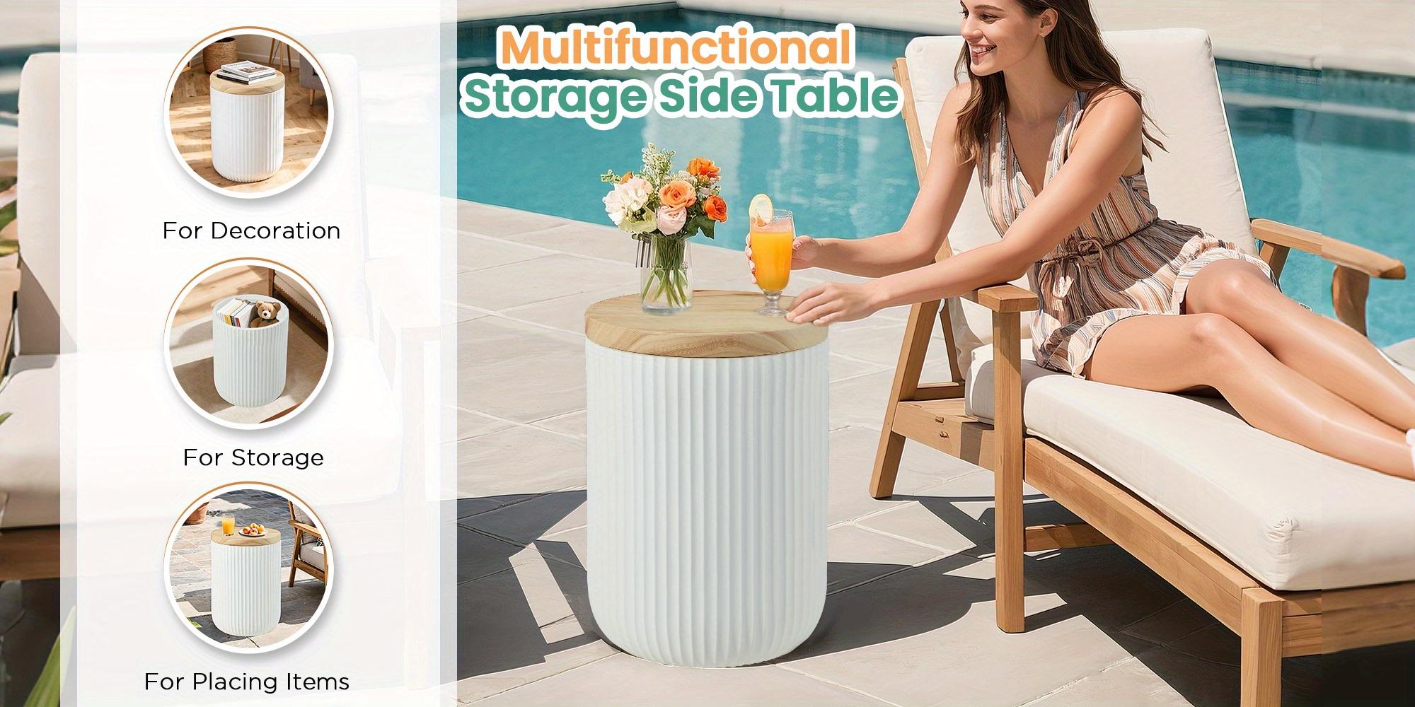 Round Magnesium Oxide Outdoor Accent Table (White) - Weather-Resistant Side Table with Hidden Storage, Indoor/Patio Friendly