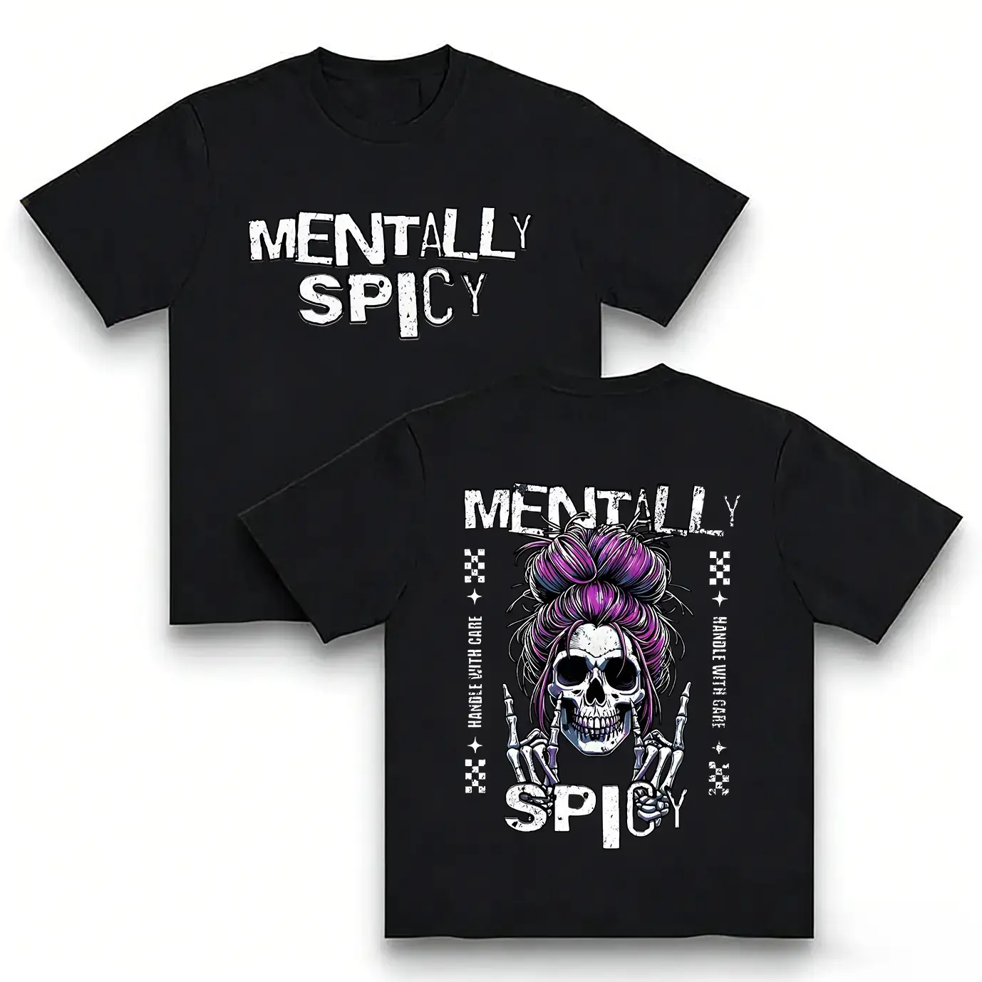 Women's Spooky Goth T-Shirt,a Full-Color Sassy Skull Graphic with a Purple Messy Bun, Full Color T-Shirt