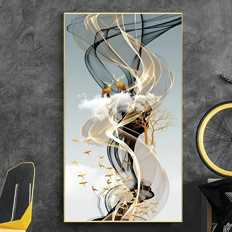 A frameless modern Nordic-style canvas poster print featuring a golden deer and tree, luxurious living room decoration painting, simple wall art picture without frame