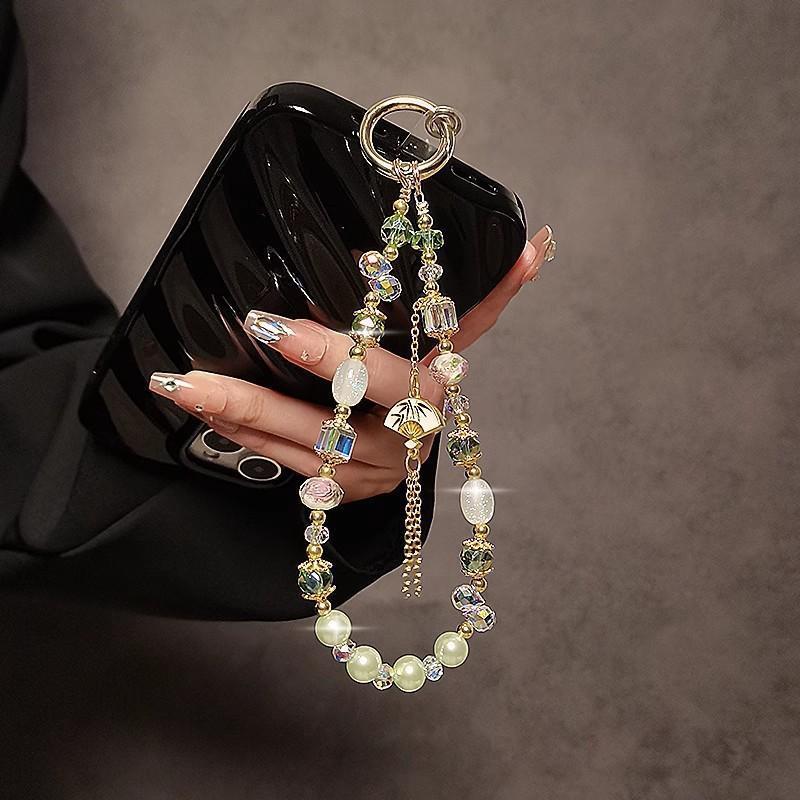 Chinese Style Alloy Tassel Fan Phone Lanyard Handmade Bead Pearl Crystal Strap Phone Case Wrist Hanging Chain Keychain Pendant