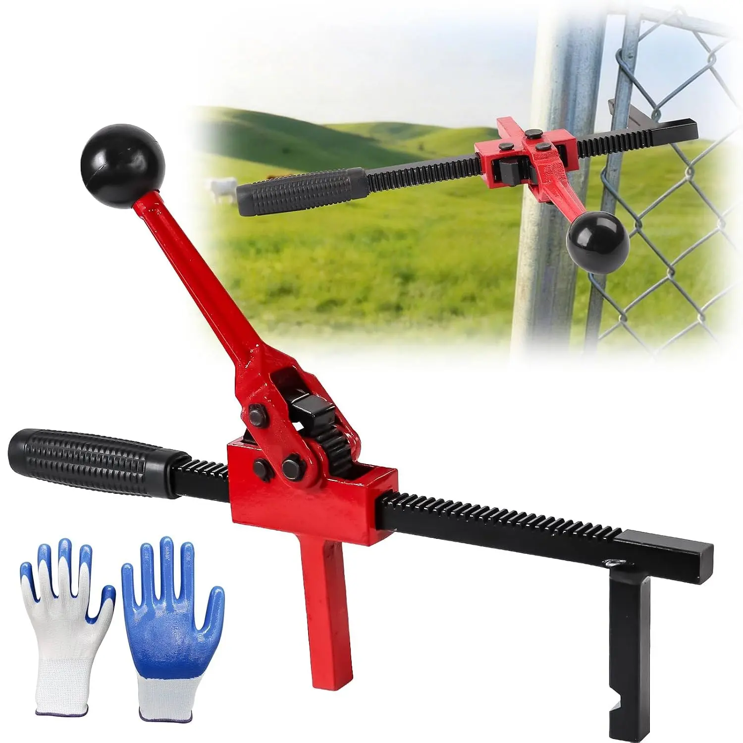 Chain Link Fence Stretcher Tool, Heavy Duty Ratchet Fence Tensioner | Ratchet Pulling System, 3"-12" Tension Range,  Hook Design, Forged Steel Construction, Gloves Included