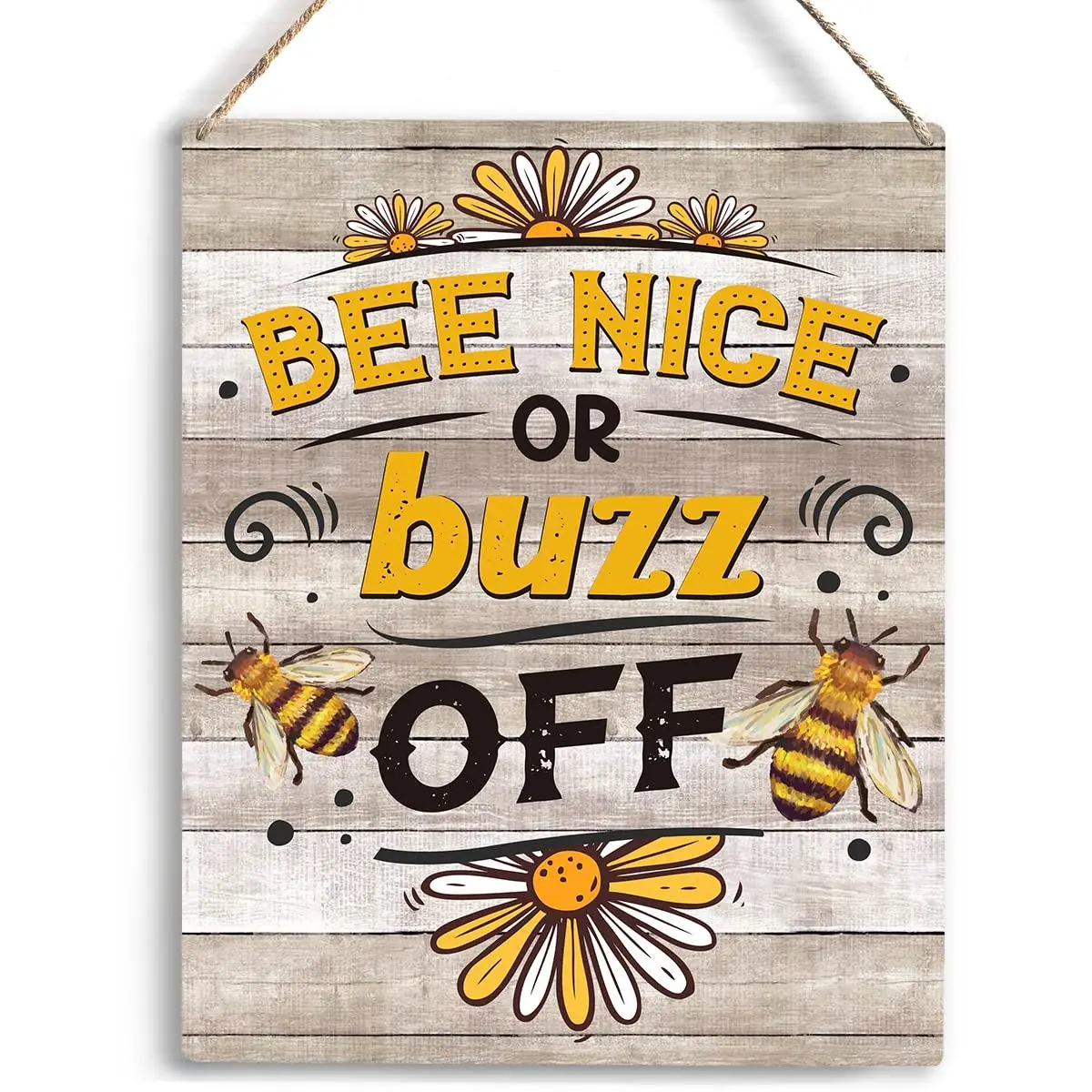 Vintage Wood Panel Floral Bee Wooden Wall Hanging Plaque, Funny Bee Nice Or Buzz Off Text Wood Sign, Country Farm Kitchen Backyard Patio Spring Holiday Wall Decoration