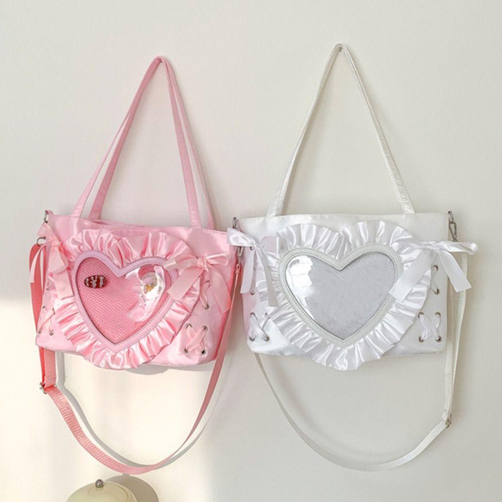 Creative Lace-up Heart Itabag Ribbon PU Anime Tote Bag Badge Display Love PVC Transparent Shoulder Bag Men