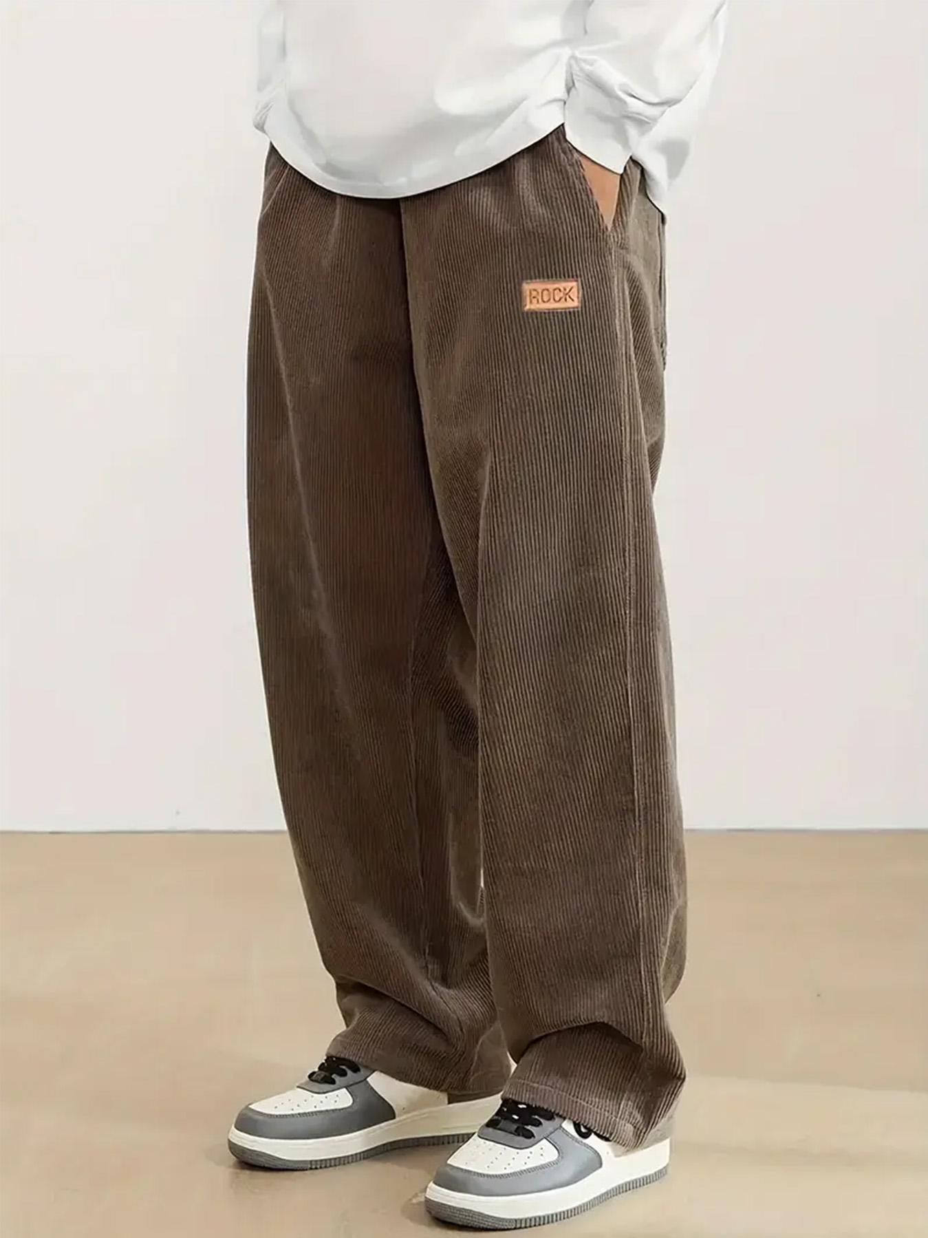 Men's brown chenille casual pants, heavyweight style, loose fit, trendy outdoor sports street style.