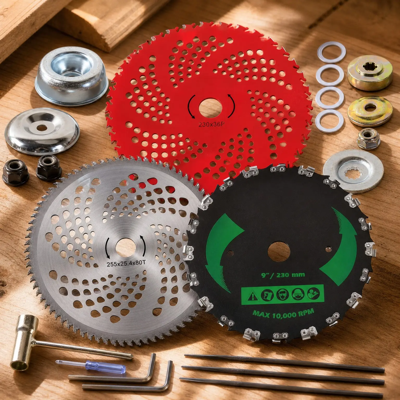 Brush Cutter Blade and Adapter Kit - 9" 20T / 9" 36T / 10" 80T Circular Chainsaw Tooth Saw Blades for Trimmers & Weed Eaters - Trims Trees, String & Underbrush