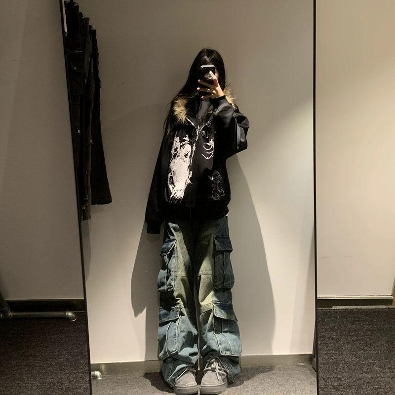 Women Y2k Aesthetic Tie-dye Printing Hoodies Harajuku Vintage Fur Patchwork Hooded Hoody Casual Grunge Oversized Sweatshirts