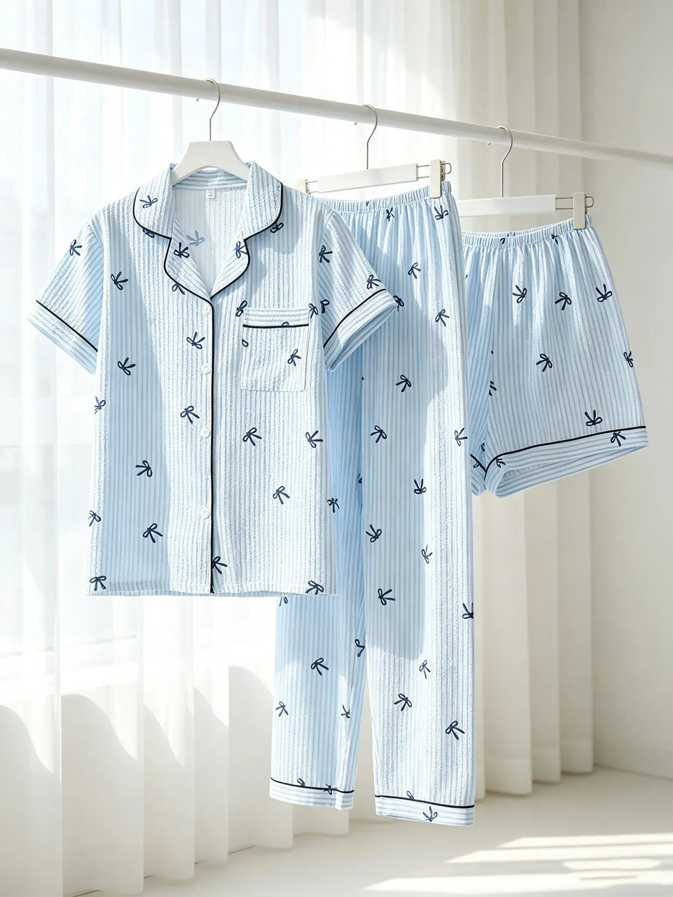Women's 3-Piece Button-Down Pajama Set, Light Blue Stripe Navy Bow Print, Black Trim, Front Pocket, Elastic Waist, All Season Wear, Cozy Fresh Bow Striped Women Loungewear Set, Nightwear