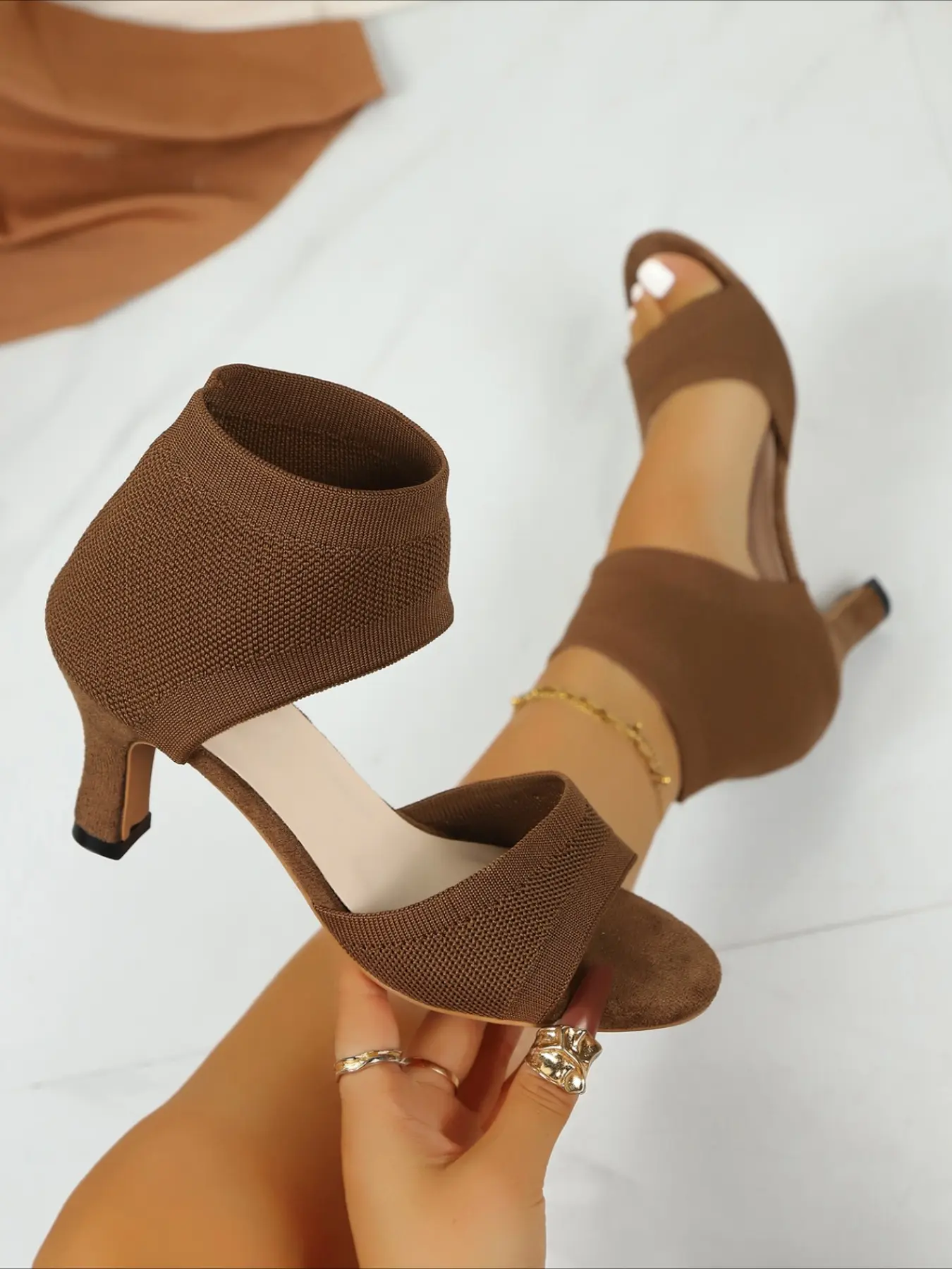 Five colors available! Stretch knit heeled sandals, open-toe & slim-fit, comfy to wear, perfect for work and date nights! Elegant minimalist sandals, Elevated Sandals