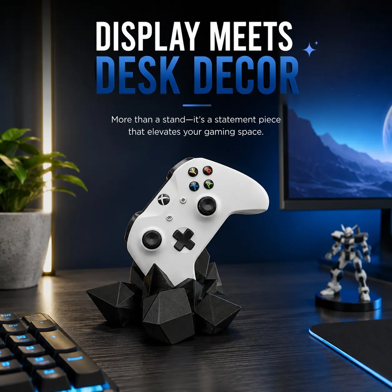 Crystal-Inspired Gaming Controller Stand, Geometric Gamepad Holder Display for PS5 Controllers, Unique Gamer Desk Decor & Gaming Setup Accessory, Black/White