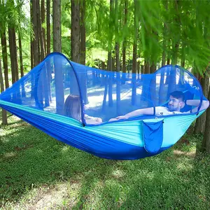 Camping Hammock with Mosquito Net, Hammocks with Net 13ft Tree Straps Carabiners, Automatic Quick Open Outdoor Portable Hammock, Nylon Parachute Material Outside Hammock with Bug net, Blue