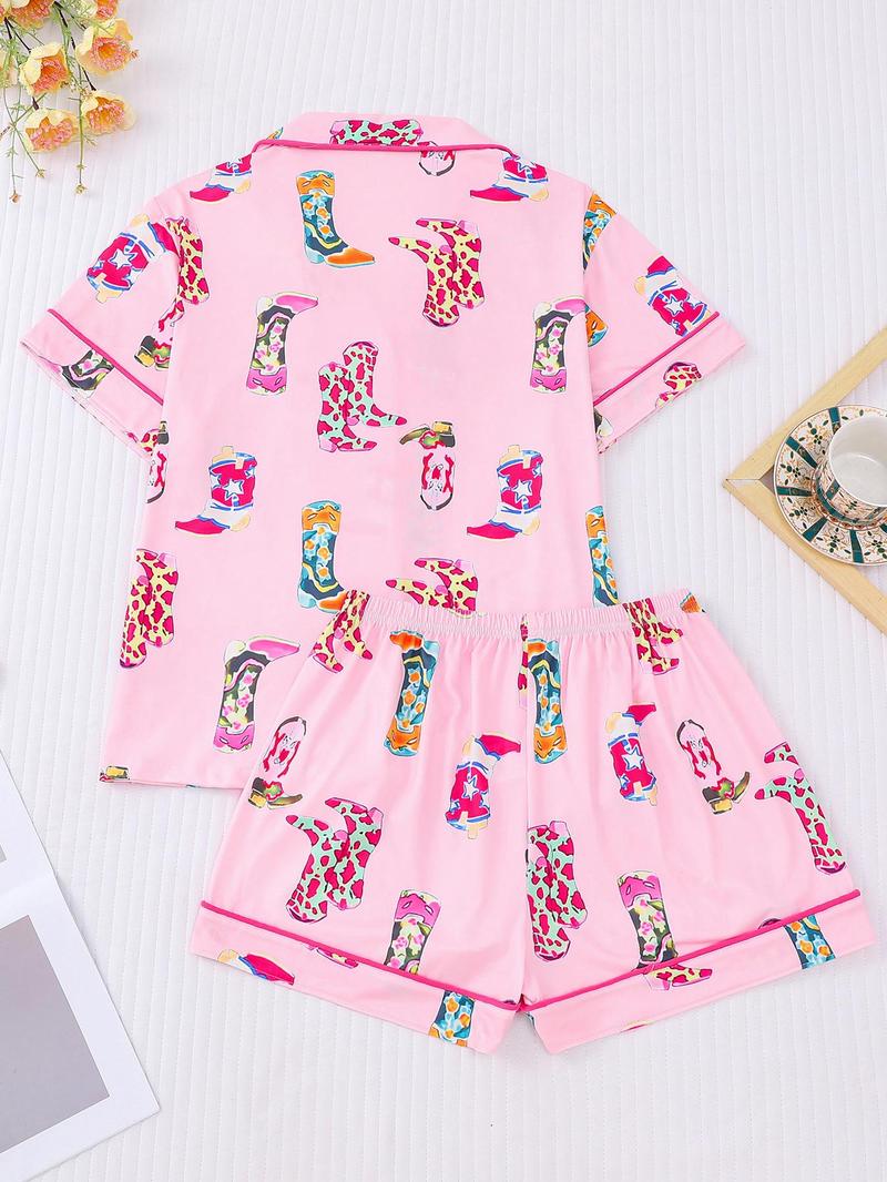 Women's All Over Cowboy Boots Print Pajama Two-piece Set, Casual Comfy Short Sleeve Lapel Neckline Tee & Shorts PJ Set, Ladies Summer Sleepwear