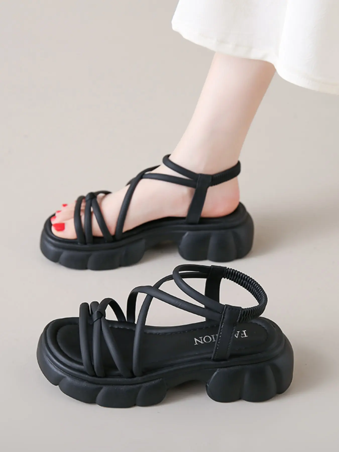 Women's Milk Tea Color Tie-Strap Cloud Thick Sole Sandals, Cross Anklet Elastic Back Strap Open-Toe Slope Heel Summer Casual Shoes