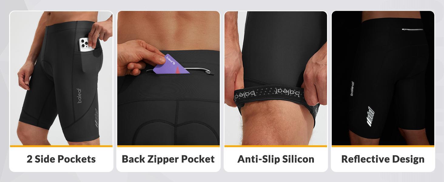 Baleaf Mens 4D Padded Bike Shorts Cycling Shorts with Phone Pockets Zipper UPF 50+ Reflective Mountain Biking Gear