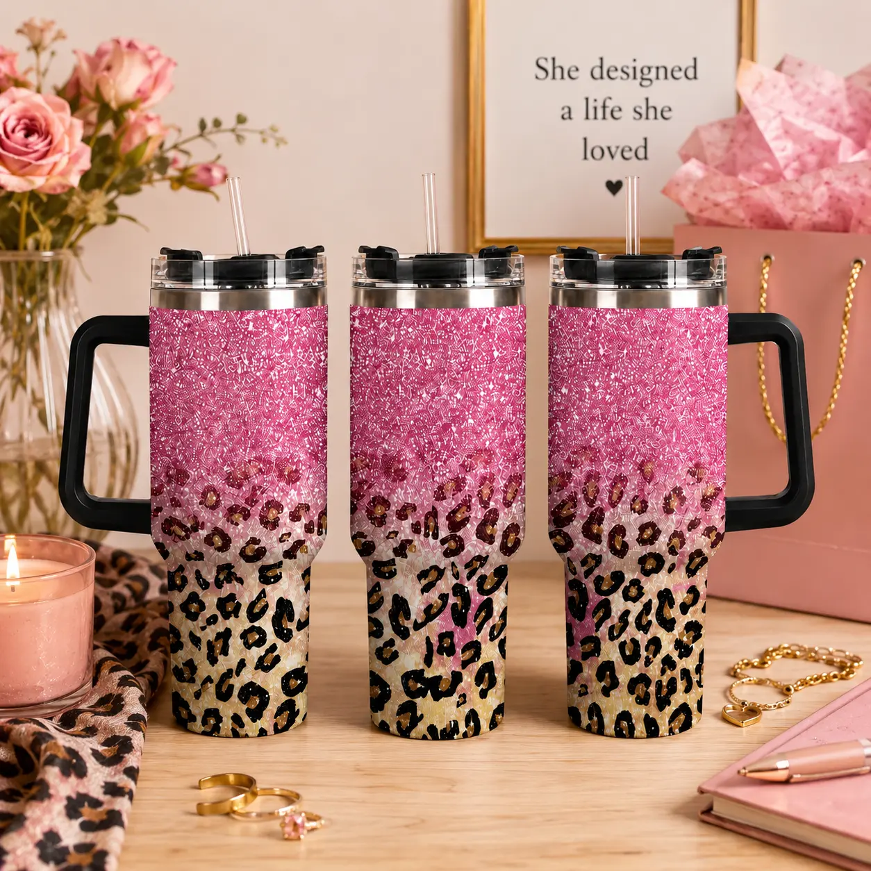 40oz Luxury Gold Glitter Leopard Stainless Steel Vacuum Tumbler - Chic Black & Gold Cheetah Print, Sparkle Ombre Insulated Cup with Lid & Sturdy Handle, Portable Tea/Coffee/Water Bottle, Stylish Gift for Her (Specific Size)