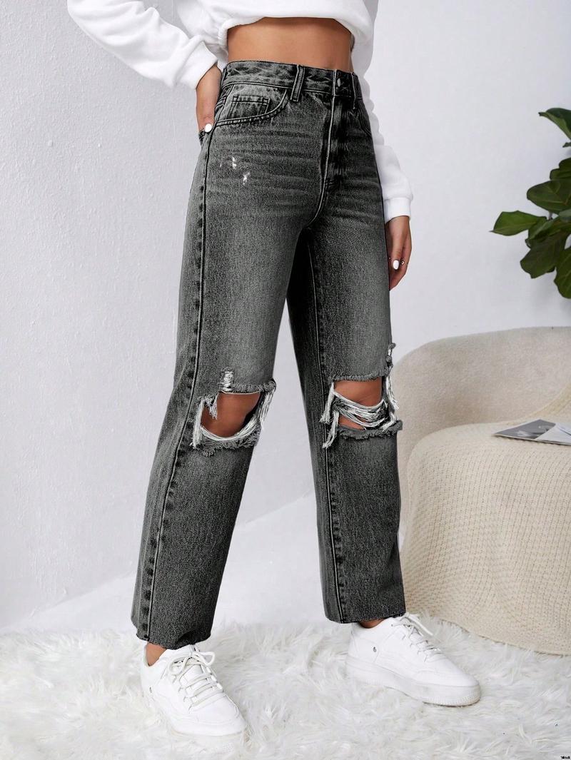 Jeans straight leg ripped washed petite SHEIN