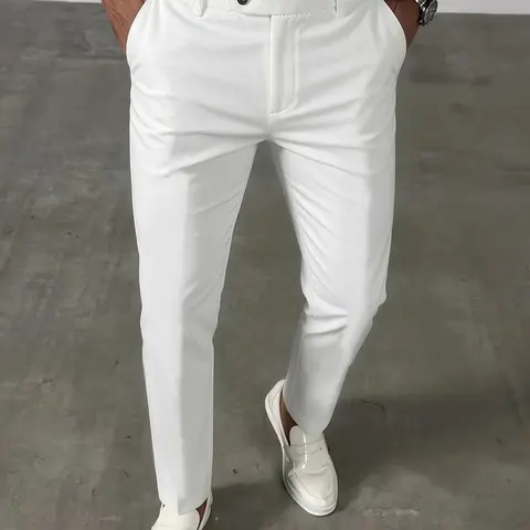 Men's Casual Suit Pants, Folded Pleat Detail, Slant Pocket, All Seasons, Straight Leg, Spring & Fall