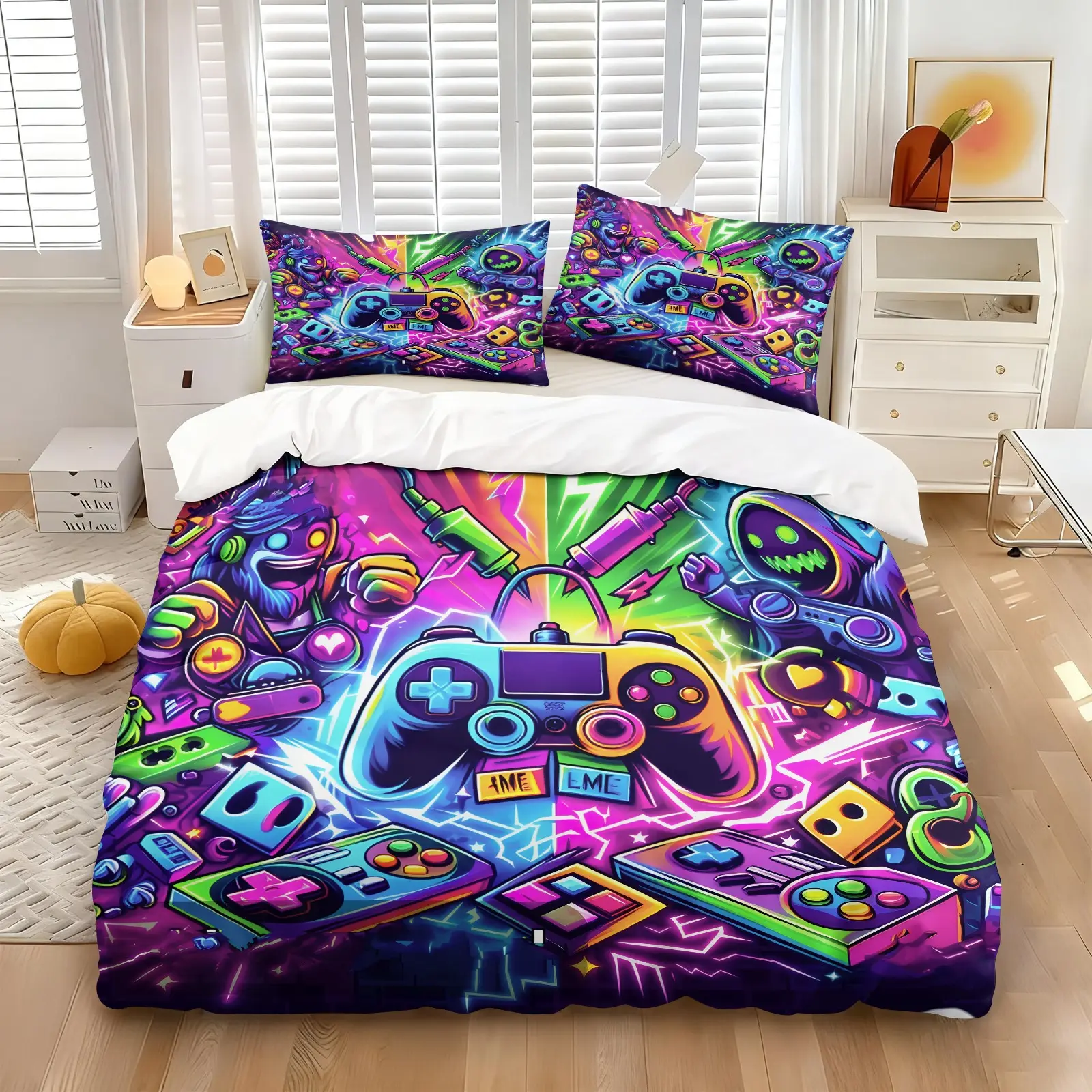 Neon Rainbow Graffiti Game Controller Duvet Cover Set & 1-2 Coreless Pillowcases, Retro Game Consoles, Cables, Hooded Hacker Figures And Game Mascots, Skin-friendly, Breathable And Cozy, Perfect For Teen Boys Retro E-sports Themed Bedroom Decor