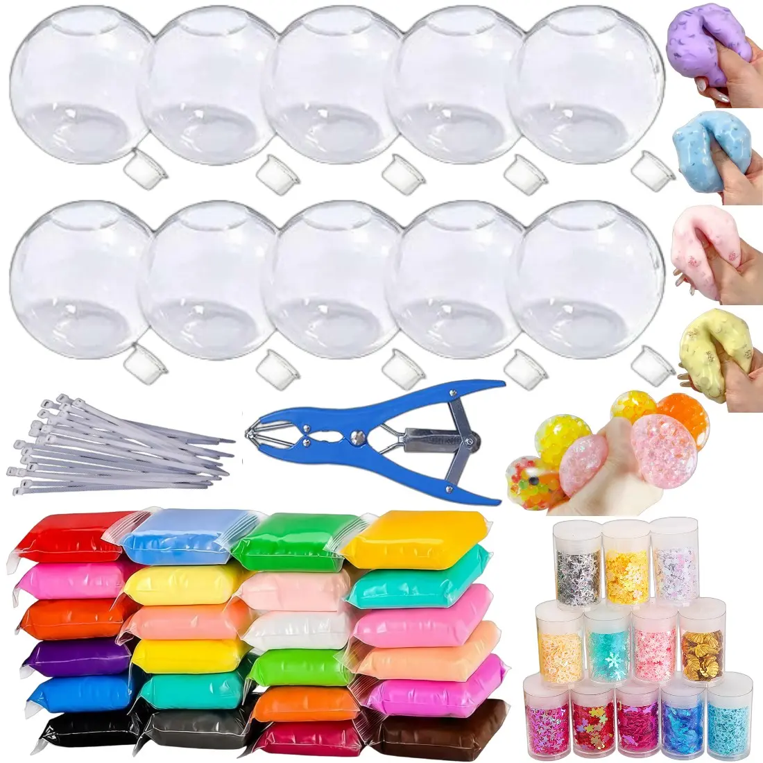 DIY Stress Ball Kit, Transparent Ball Shell Set, 24 Colors Clay, 12 Glitter Powders, Expander Tool Included, Adult Relaxation Craft Supplies