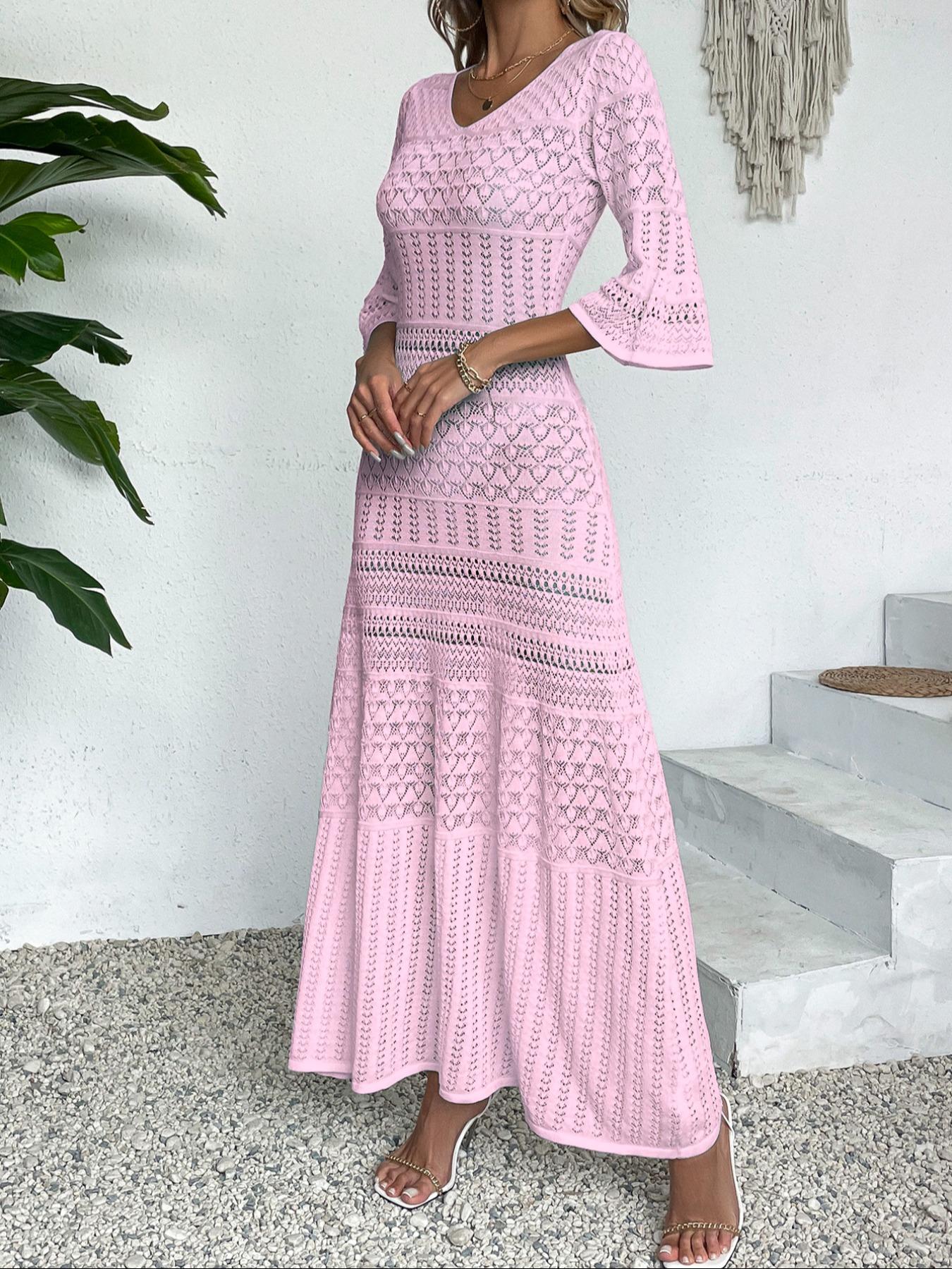 Elegant V-Neck Knit Dress, Hollow Out Design, Casual Fitted Long Skirt, Spring & Summer Beach Vacation Wear, Random Pattern, Lady Womenswear