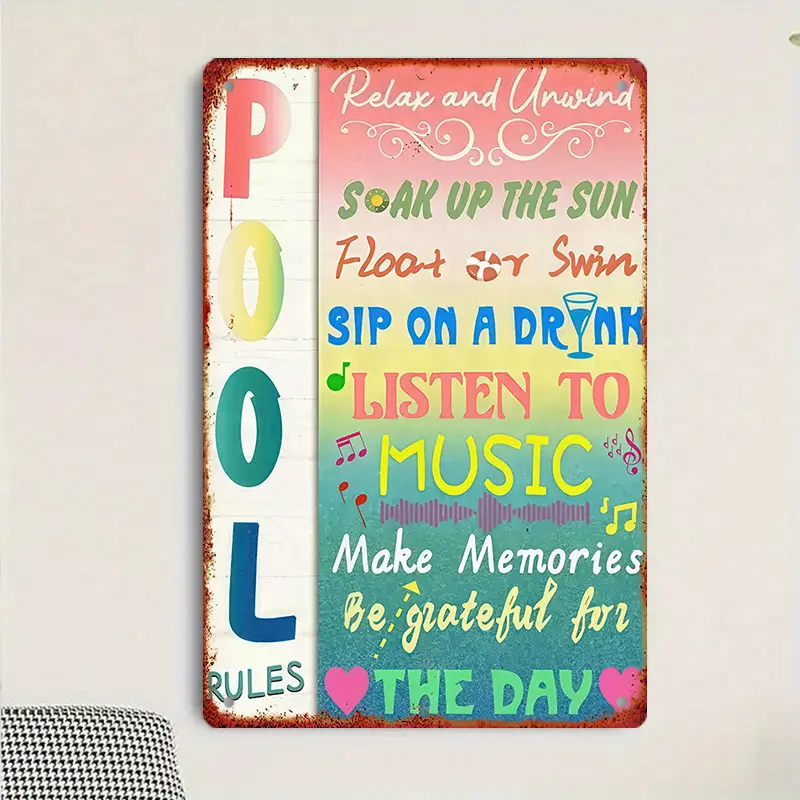 Vintage Pool Rules Cast Iron Metal Plaque - 8x12in Rustproof Rectangular Wall Art, Boho Home Decor with Funny Sayings, Universal for Outdoor Decor, Indoors Bathroom Patio