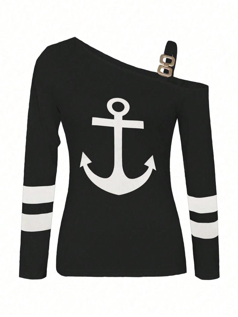 Women's Anchor Print Asymmetrical Neck Tee, Casual Long Sleeve T-shirt for Daily Wear, Ladies Clothes for All Seasons, Clothing