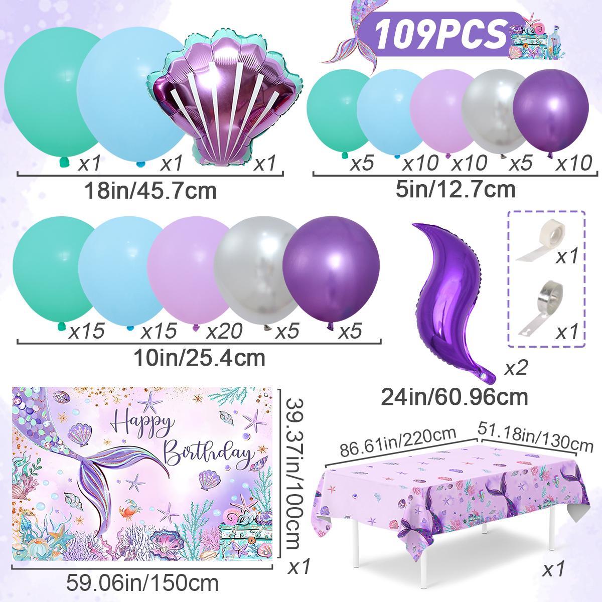 Mermaid Balloon Tablecloth Backdrop Set,109pcs Purple Shell Foil Balloon Mermaid Tail Birthday Decor ,Girls Mermaid Birthday Latex Balloon Decoration birthday party