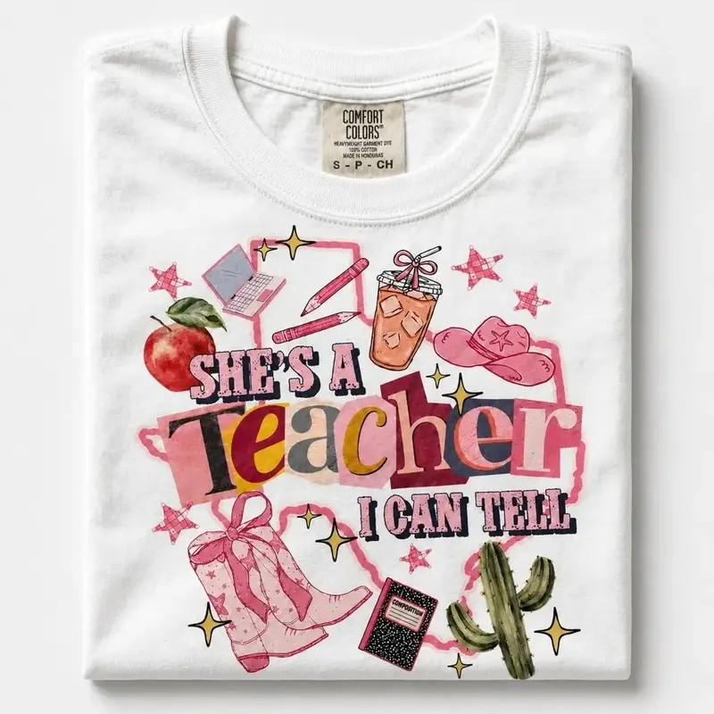 She's A  I Can Tell T-Shirt, Retro Western  Graphic Tee, Cute Pink  Life Shirt, Back to School Gift for Educators