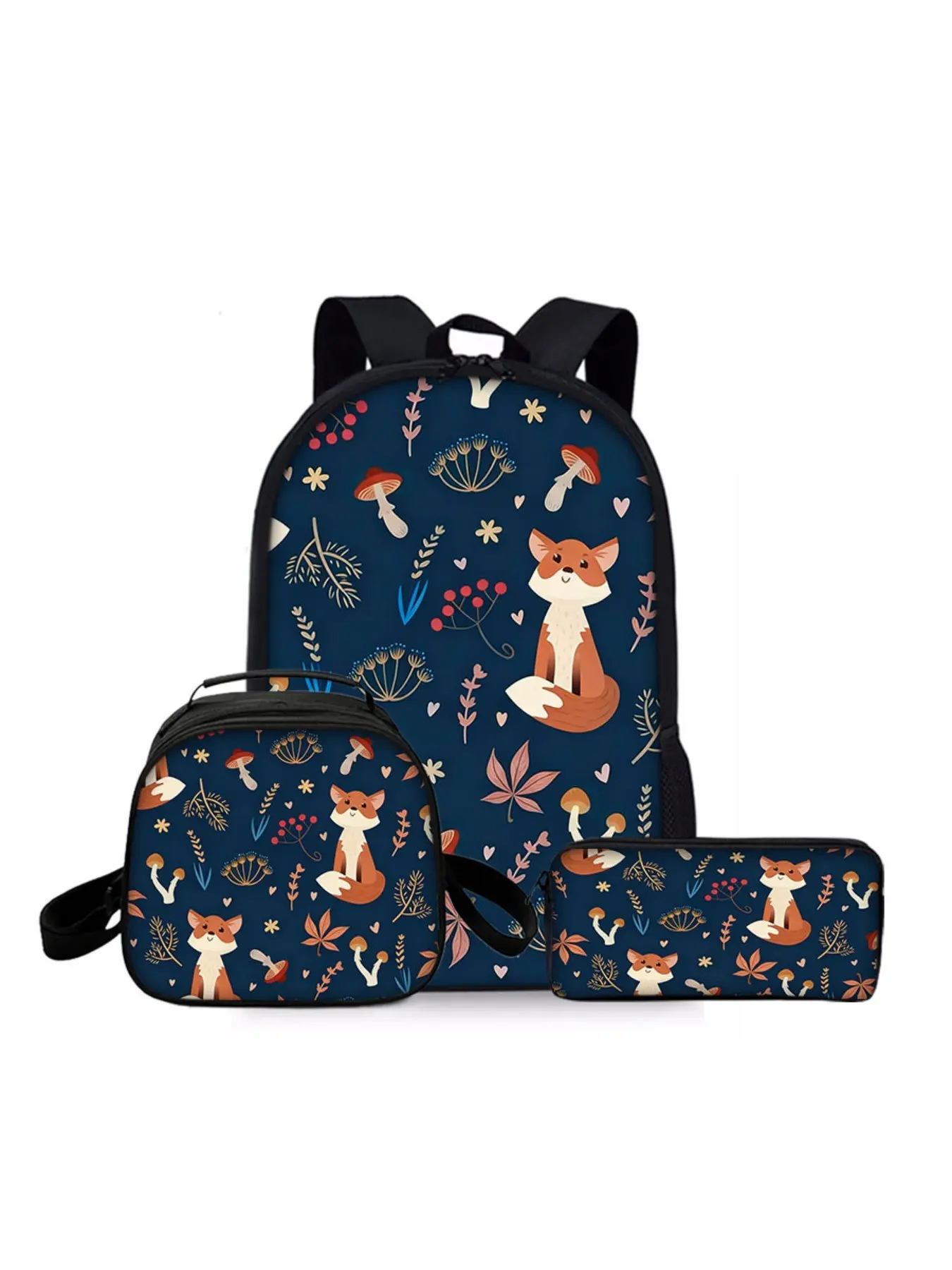 Fox themed printed backpack three piece set lunch bag pencil case backpack
