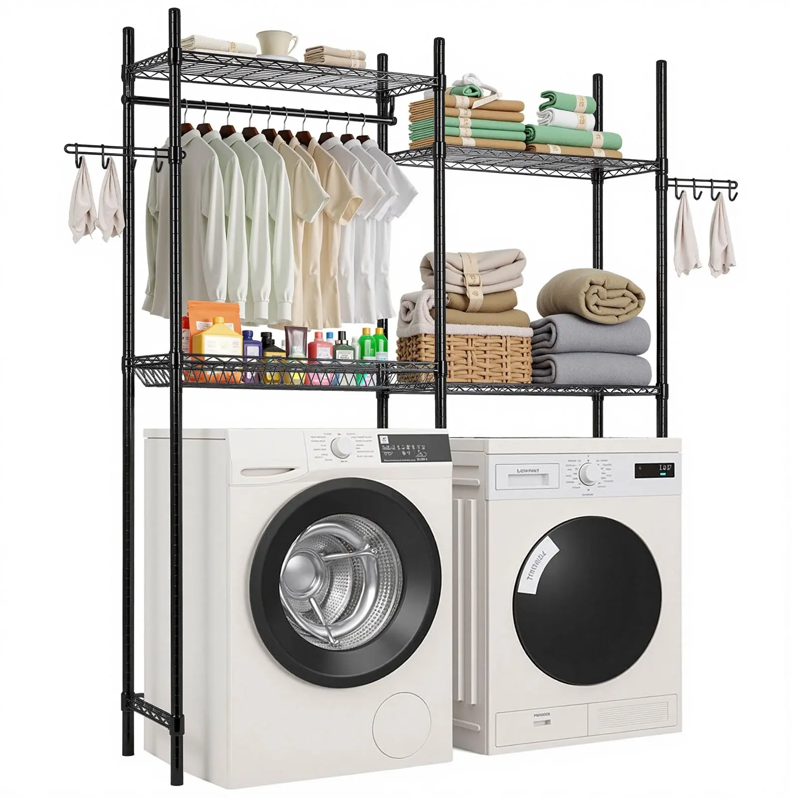 【DealsForYouDays】VEVOR Over Washer and Dryer Storage Shelves, 4 Tiers Laundry Room Drying Rack with Hanger Rod and Hooks, Two Rows Adjustable Washer Shelves Space Saver, for Laundry Room Storage Organization, Black