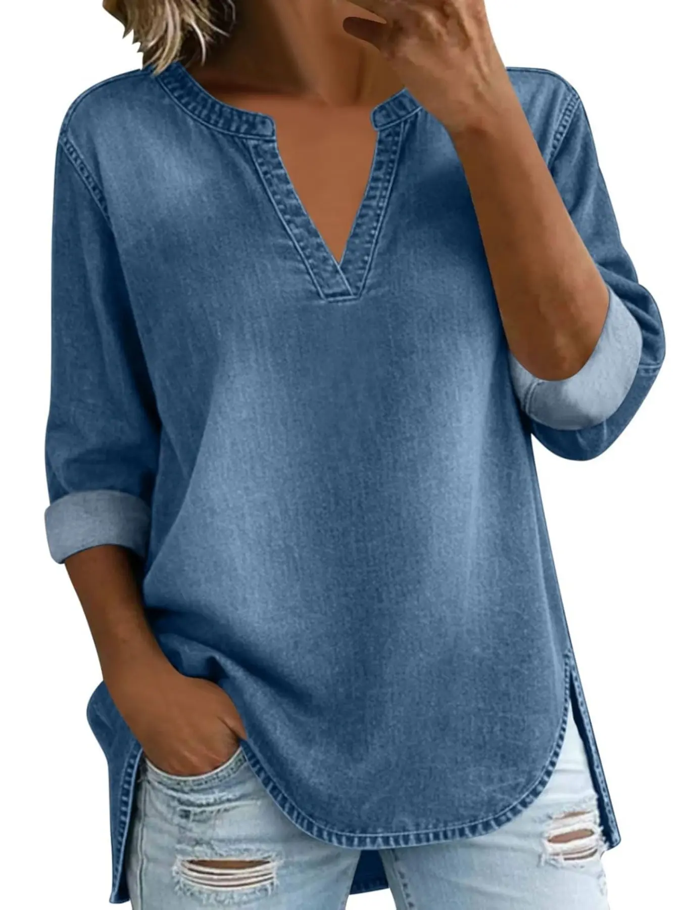 Four-Season Lightweight Comfortable Basic Denim Shirt Blouses, Daily Casual Versatile, Short Sleeve Loose-Fit Baggy Solid Plain Design, All-Year Round Wear