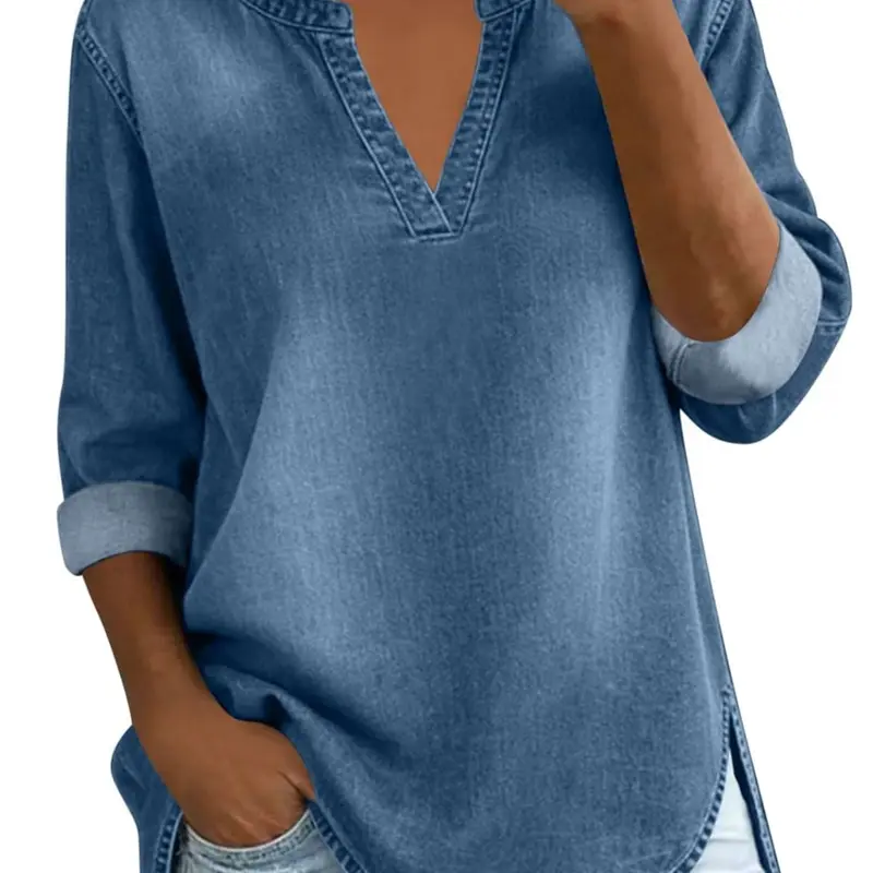 Four-Season Lightweight Comfortable Basic Denim Shirt Blouses, Daily Casual Versatile, Short Sleeve Loose-Fit Baggy Solid Plain Design, All-Year Round Wear, Cozy Casual Top