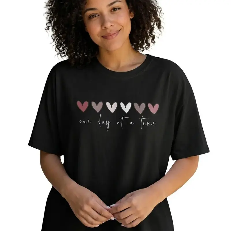 One Day At A Time Shirt Women Inspirational Heart Graphic Tee Plus Size