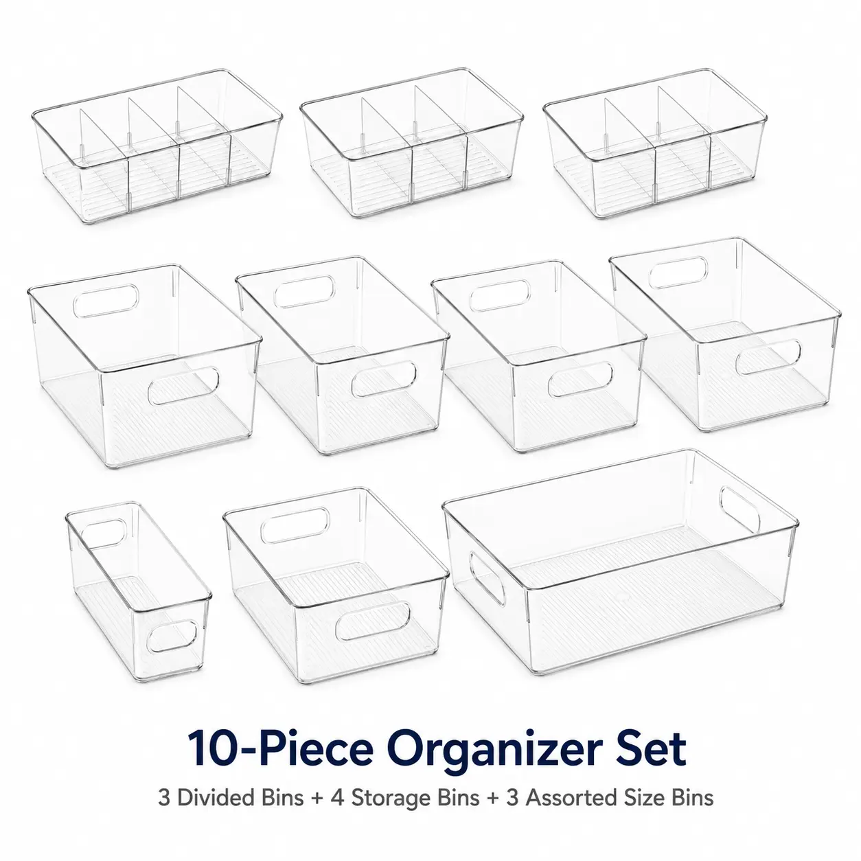 10 Pack Clear Pantry Organizer Bins, Plastic Fridge Storage Containers with Handles, 3 Divided Bins with Removable Dividers, 4 Large Storage Bins and 3 Assorted Size Bins for Kitchen, Cabinet and Pan