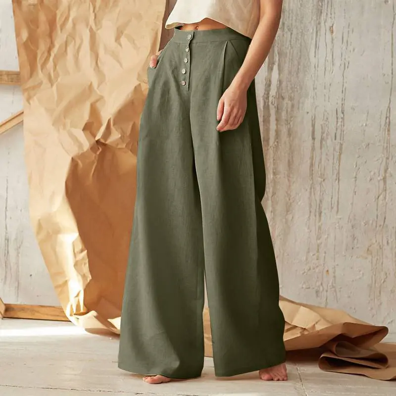 Yesfashion In Stock Women's High-Waisted Wide-Leg Pants - 65% Cotton 35% Polyester, Casual Button-Front Loose-Fit Solid Color Lightweight Linen-Style Trousers for Daily Wear & Work Outfit