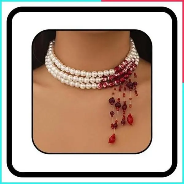 Gothic Bloody Pearl Necklace Punk Blood Tassel Vampire Choker for Women Halloween Costume Jewelry
