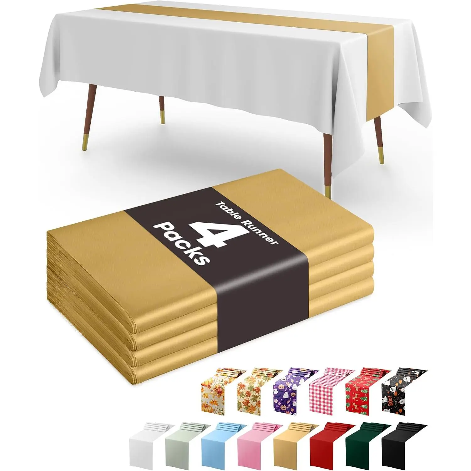Plastic Table Runners - 4 Pack, 14'' x 108'', Water Resistant & Disposable Centerpiece Decorations for Table Cloth, Wedding, Birthday, Holiday,  Shower, Party,  Decor